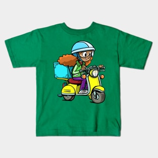 girl from a courier service on a motorcycle delivers a package Kids T-Shirt